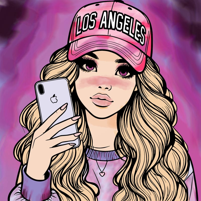 realistic beautiful girl wearing los ángeles cap holding an iphone
