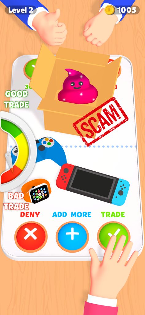 Trading Master 3D - Fidget Pop - Gameplay of Trading Master 3D showing a trade interface with a pink fidget toy marked as a scam.