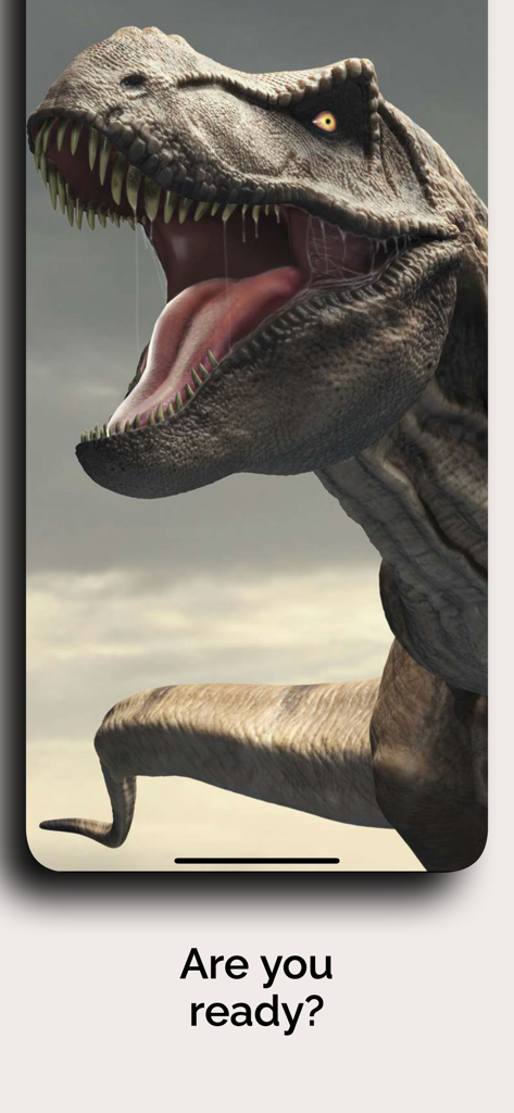 Nahaufnahme eines T-Rex-Dinosauriers mit offenem Maul und dem Text Bist du bereit