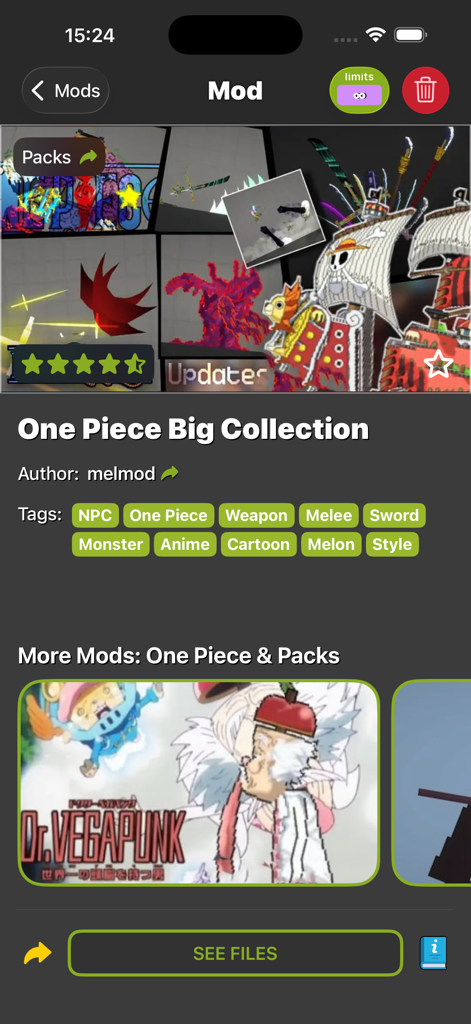 Ragdoll Mods: Guns and Skins - Melon Sandbox 게임용 원피스 애니메이션 테마 모드 컬렉션.