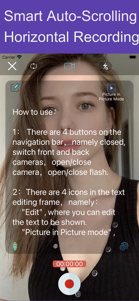 Teleprompter™ - A mobile teleprompter app interface showing a creator recording a video with an auto-scrolling script overlay