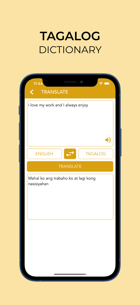 Screenshot of the Tagalog Dictionary app showing a translation of an English sentence into Tagalog