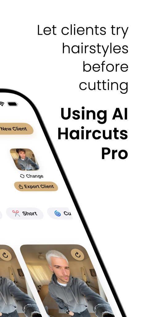 AI Haircuts Pro - Salon Tool - AI Haircuts Pro app interface showing professional hairstyle previews and client export options for salon stylists