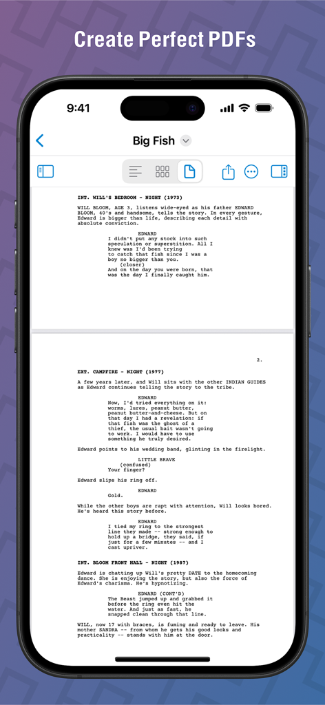 Highland Pro screenwriting app displaying a professional script PDF on iPhone