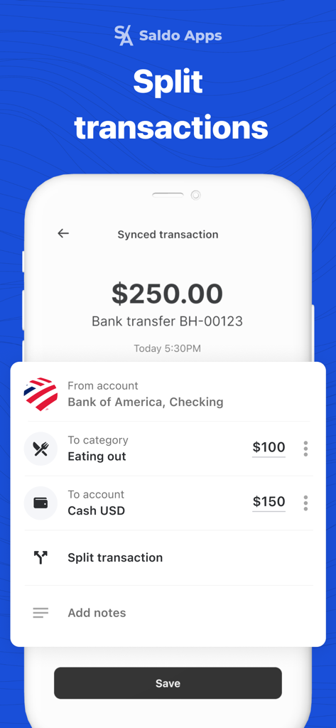Saldo: Finance Management App - A smartphone screen displaying the split transaction feature in the Saldo finance app.
