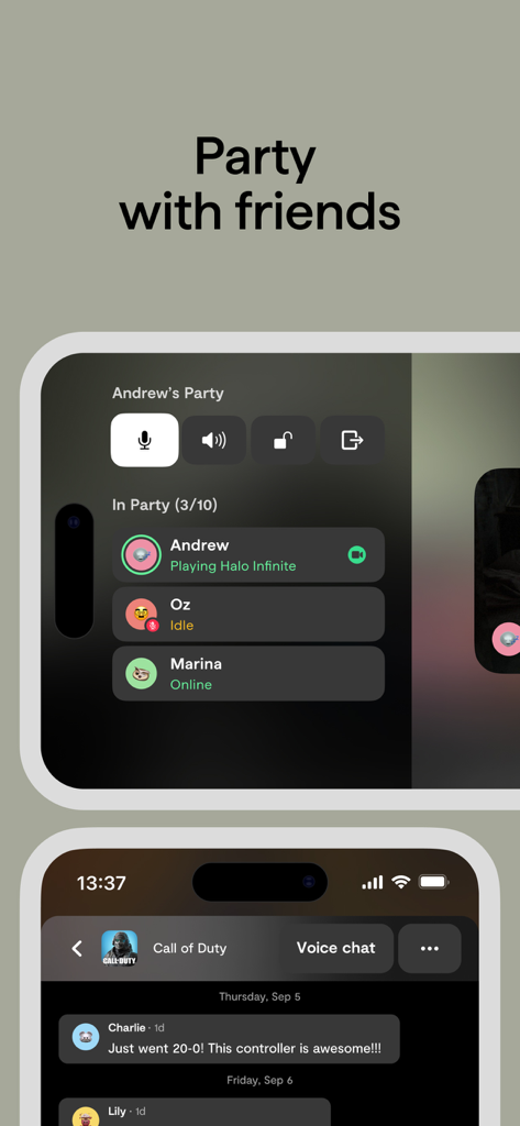 Interface of the Backbone app showing the Party with friends feature with voice chat and friend status updates