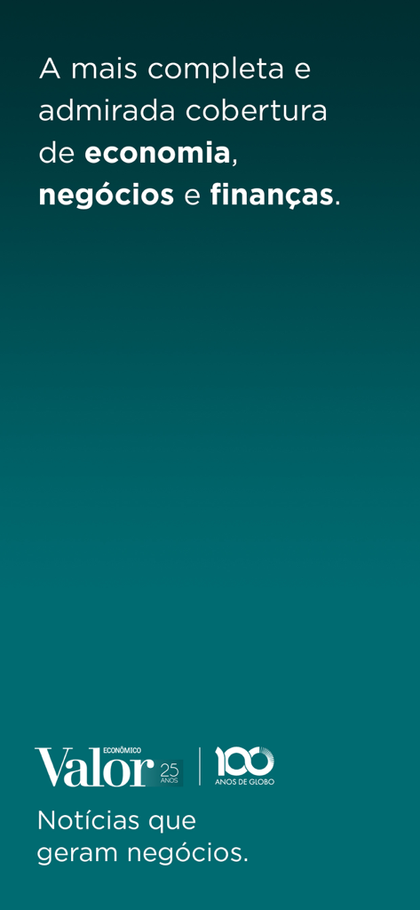 Introductory screen for Valor Economico app featuring business and finance news coverage
