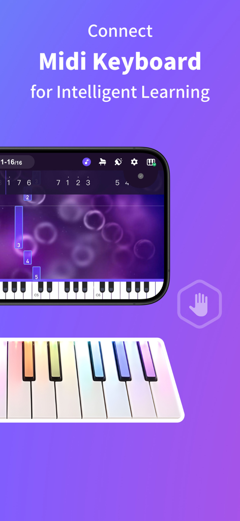 Smartphone-App-Oberfläche, die die MIDI-Tastaturverbindung zum Klavierlernen zeigt