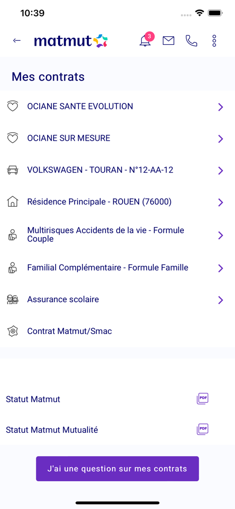 Captura de ecrã da aplicação móvel Ma Matmut exibindo os contratos de seguro ativos do utilizador para saúde, automóvel e habitação