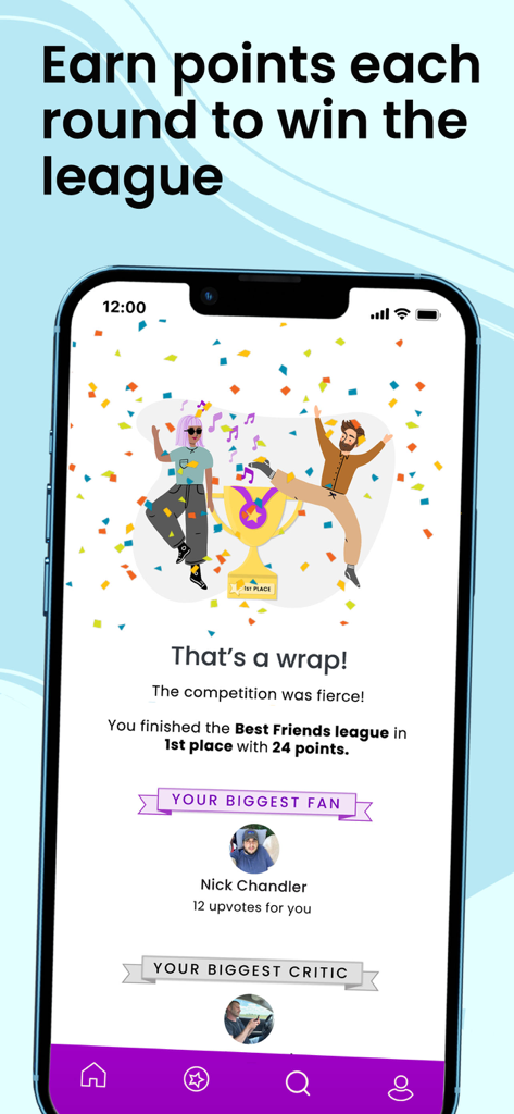 Music League - Pantalla de resultados en la aplicación Music League que muestra una victoria en primer lugar y los puntos obtenidos.