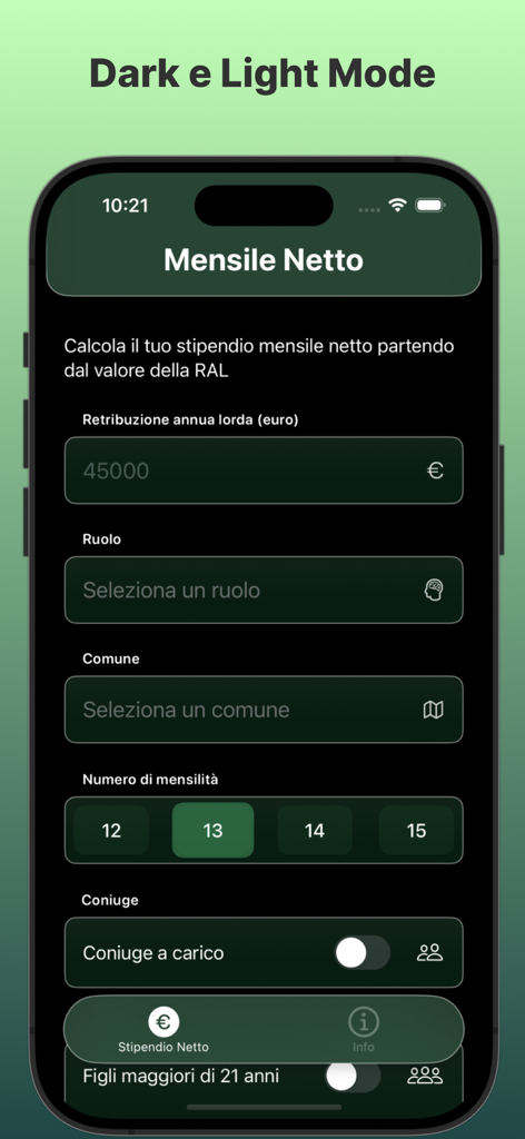 Schermata di smartphone che mostra l'interfaccia in modalità scura dell'app Calcolo Stipendio Netto per il calcolo dello stipendio netto mensile in Italia