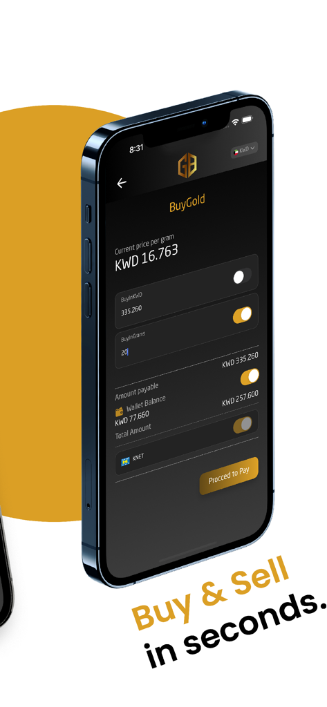 Smartphone screen displaying the Gold Bank app for buying and selling physical gold.