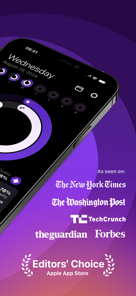 Pillow Sleep Tracker app screenshot showing Apple App Store Editors Choice award and media mentions from Forbes and The New York Times