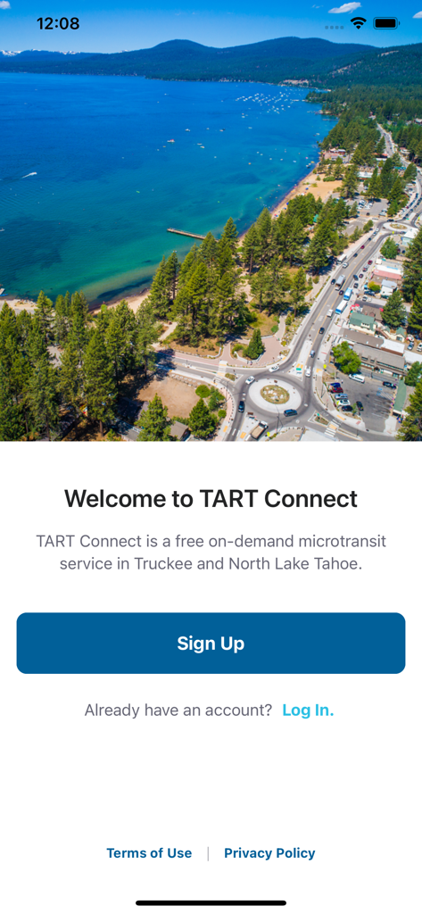 TART Connect - Welcome screen of the TART Connect app showing a scenic aerial view of Lake Tahoe with a sign up button