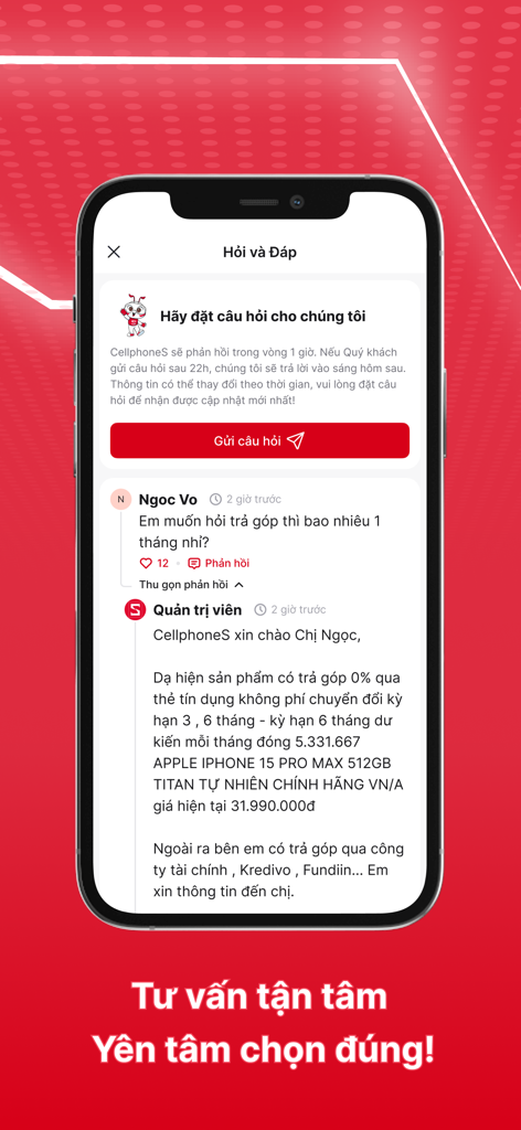 Interface do aplicativo CellphoneS mostrando uma seção de perguntas e respostas ao cliente com funcionários respondendo a perguntas sobre planos de parcelamento de dispositivos