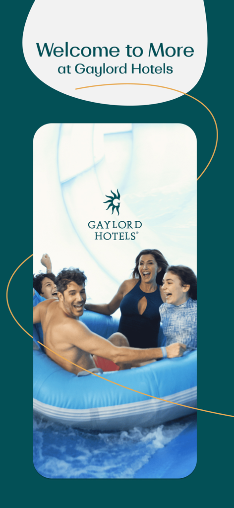 A family laughing on a blue water slide tube at a Gaylord Hotels resort with the text Welcome to More at Gaylord Hotels.