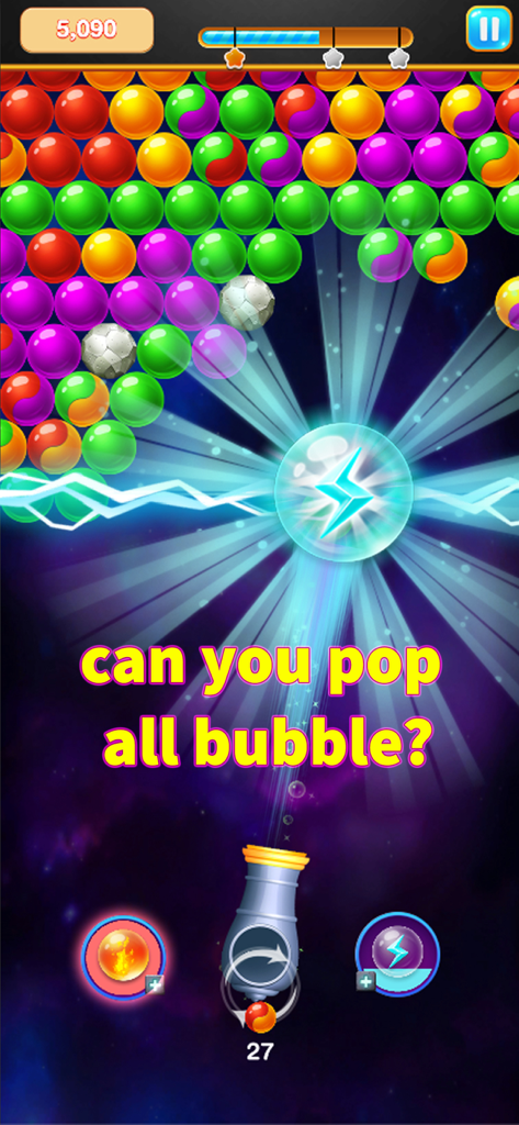 Bubble Shooter - Pop Legend - Jugabilidad de Bubble Shooter Pop Legend mostrando un efecto de mejora de rayo.