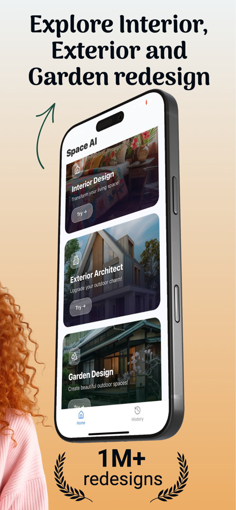 AI Room Design: Space AI - Pantalla de smartphone mostrando la aplicación Space AI con opciones para rediseño interior, exterior y de jardín.
