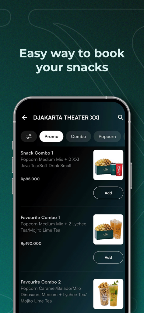 Interface of the m.tix XXI app showing movie snack combos and online food ordering options for cinema goers