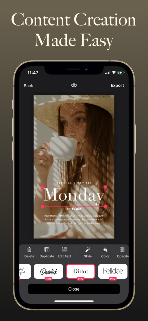 소셜 미디어 콘텐츠 제작을 위한 전문 폰트 선택 및 텍스트 편집 도구를 보여주는 Shox 앱 인터페이스