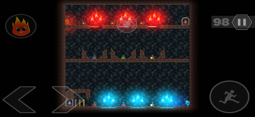 Pantalla de jugabilidad de Fireboy and Watergirl Online mostrando niveles de puzles de plataformas y controles táctiles.