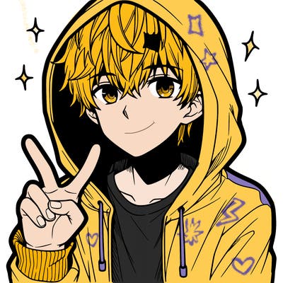 teenage manga boy in a hoodie, doing ✌