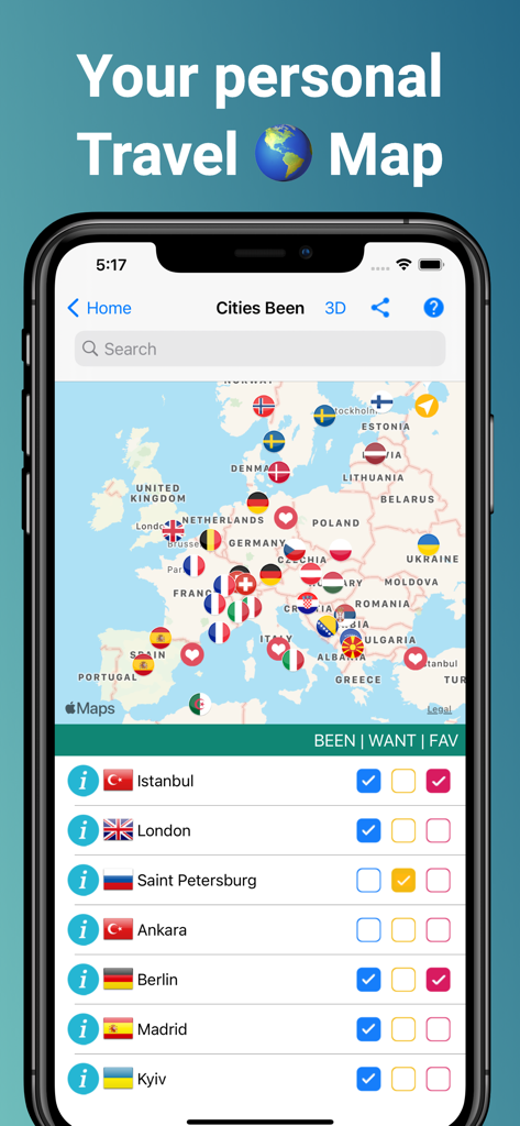 Pantalla de smartphone que muestra un mapa de viajes personal de Europa con pines de banderas y una lista de ciudades visitadas