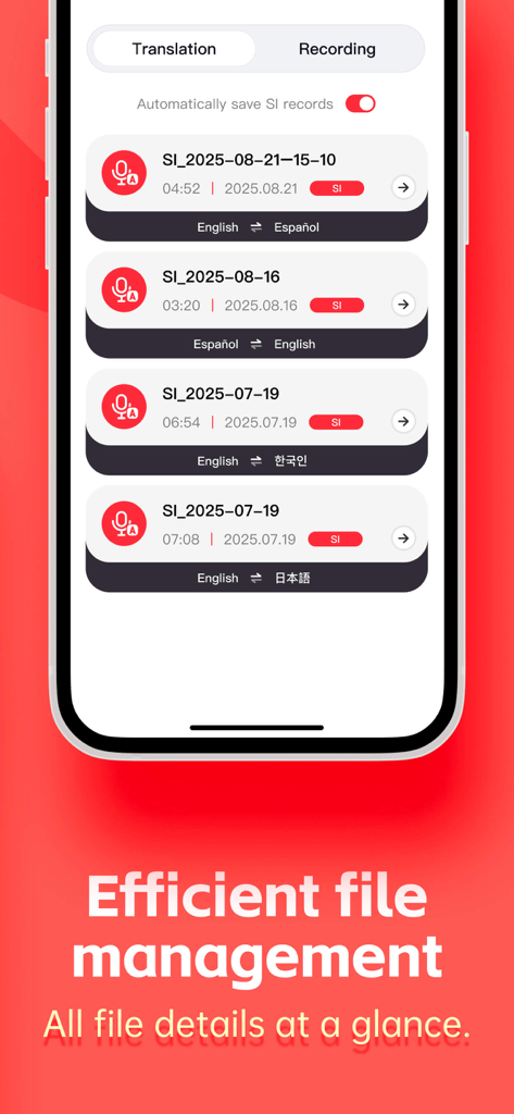 Mobile interface showing a list of saved voice translation recordings with dates and language pairs