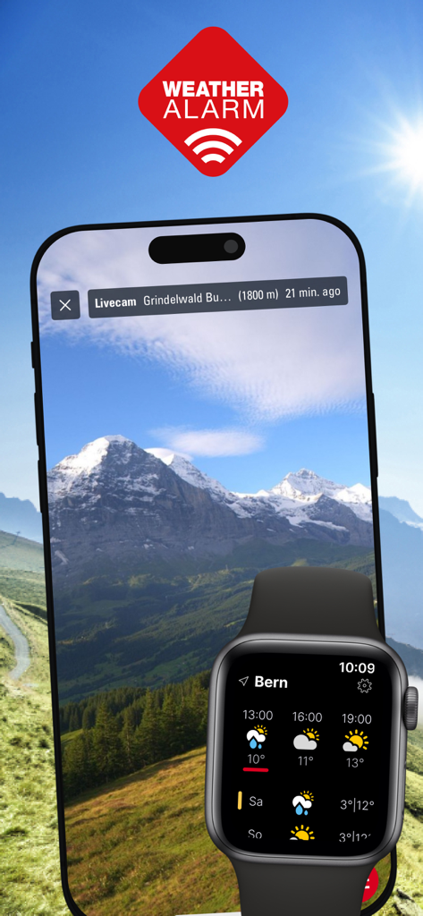 Weather Alarm: Switzerland - Interfaz de la aplicación Weather Alarm Switzerland en iPhone mostrando cámara web de montaña y Apple Watch mostrando pronóstico meteorológico local