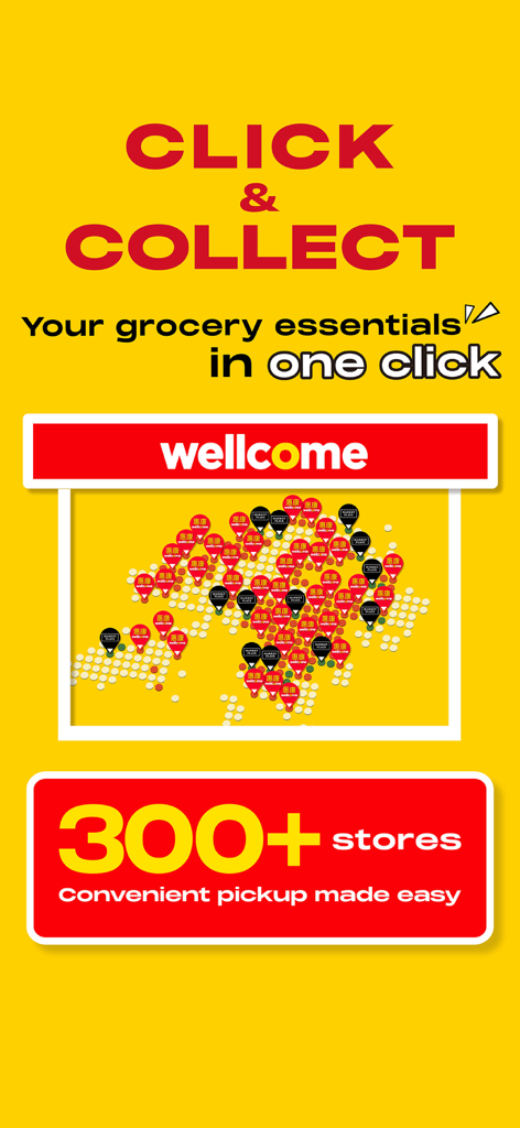 Wellcome Online Shop App zeigt Click and Collect Service mit einer Karte von über 300 Filialstandorten zur bequemen Abholung