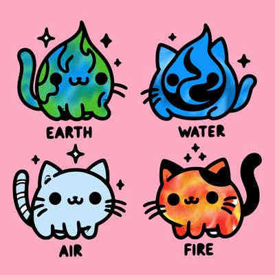 4 cats that represent the different elements, earth, water, air, and fire