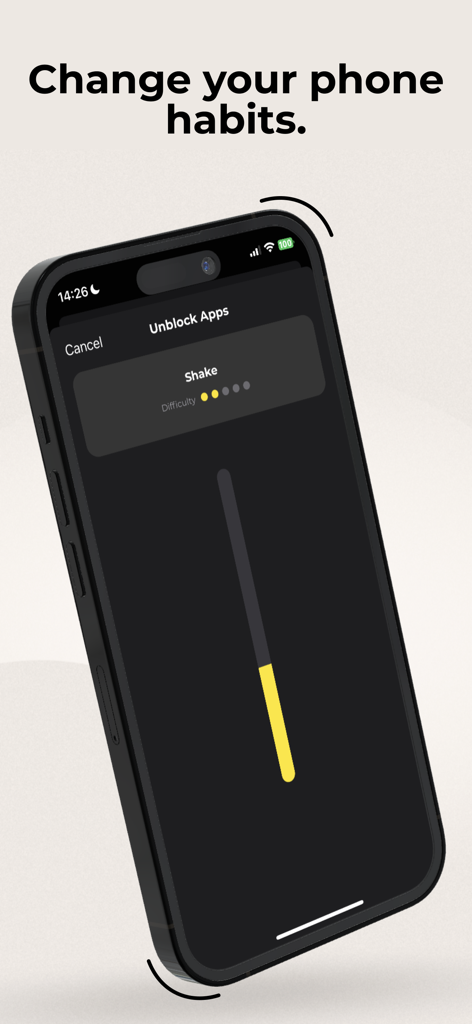 Pantalla de smartphone que muestra la interfaz de la barrera de distracción de agitar de la aplicación Unpluq para desbloquear aplicaciones y mejorar los hábitos del teléfono
