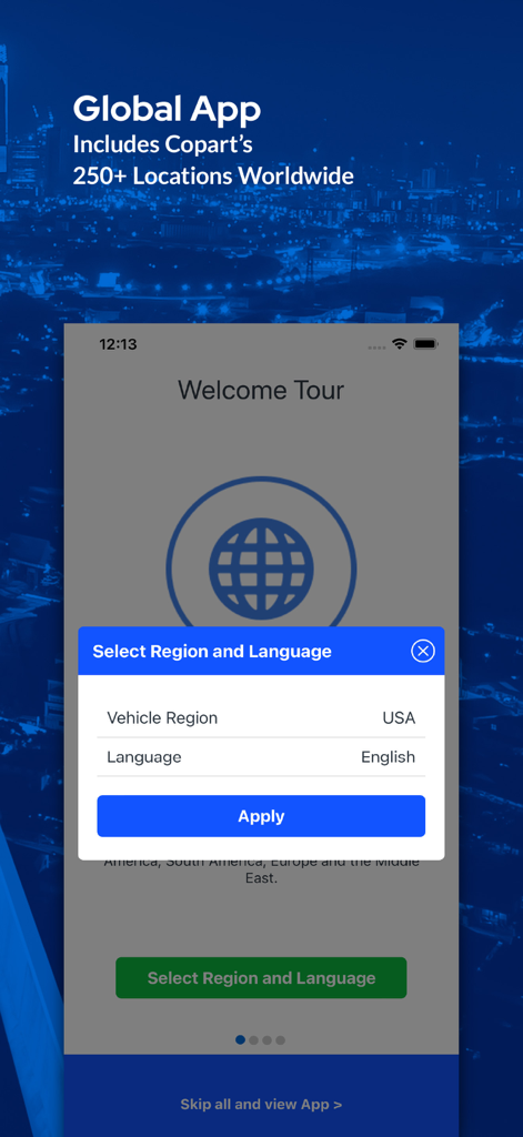 Copart - Online Auto Auctions - Copart app welcome tour screen with a popup for selecting vehicle region and language.