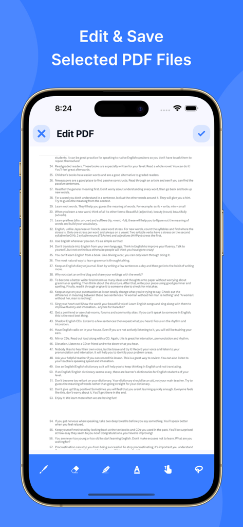 PDF Viewer: Easy PDF Viewer - A mobile app screen showing options to edit and save text in a PDF document.