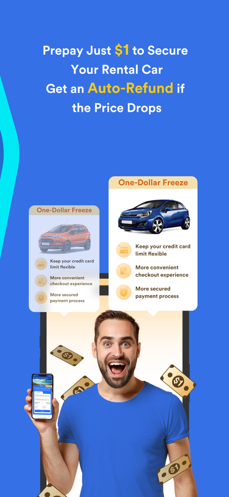 QEEQ Car Rental - A man holding a phone showing the QEEQ app with a promotion for securing a car rental for one dollar and price drop protection