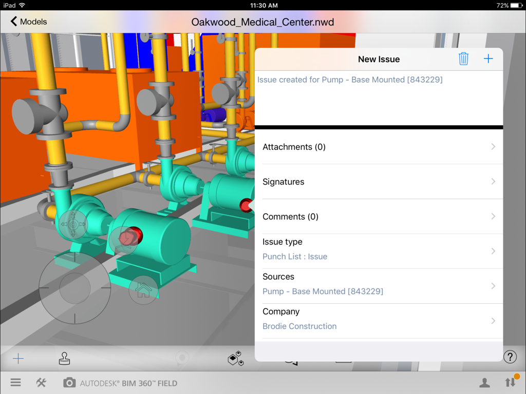 BIM 360 Field app displaying a 3D model of a medical center with a new issue report window for a base mounted pump