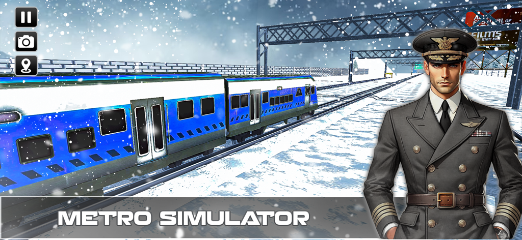 Epic Train Driving Simulator - A blue and white passenger train on tracks in a snowy landscape with a train conductor character in the foreground
