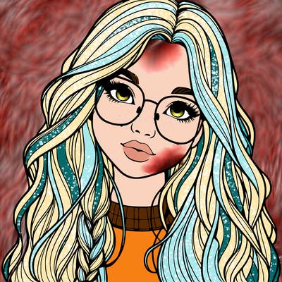 girl with long hair and freckles and glasses realistic