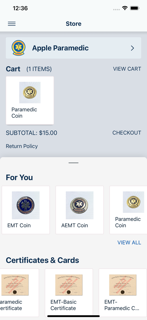 The National Registry mobile app store page displaying items like paramedic coins and professional certificates for purchase