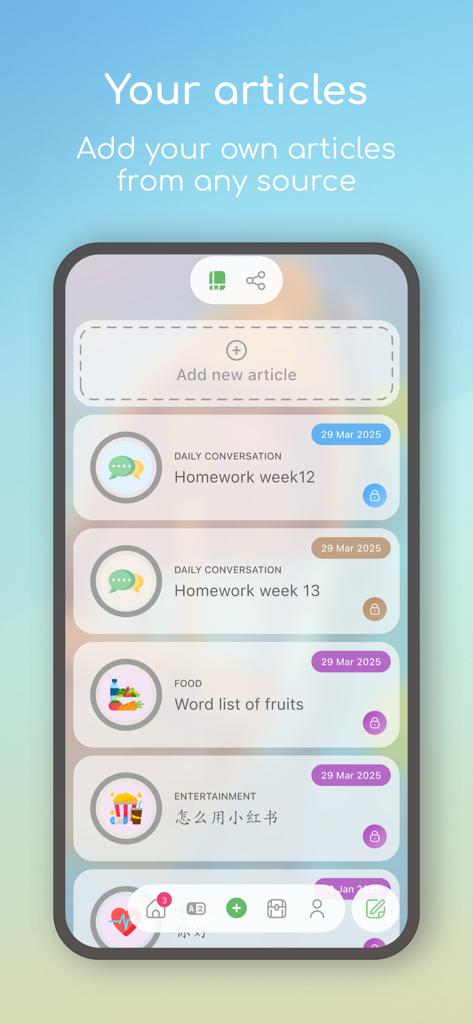A screen from the Dot Languages app showing a list of custom Chinese reading articles and an option to add new content.