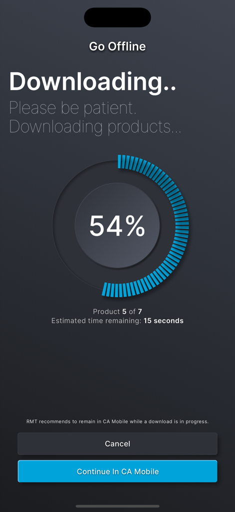 ChemAlert app screen showing a progress bar for downloading chemical safety data for offline use.