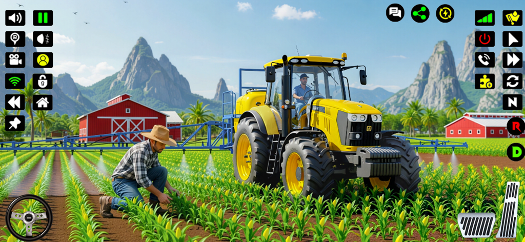 Farming Tractor Game Simulator - Yellow tractor spraying crops in a farm field with a farmer tending to plants and mountains in the background