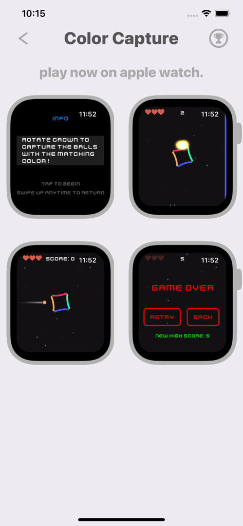 Wrist Arcade 10-in-1 - Capturas de pantalla de la jugabilidad del juego arcade Color Capture en Apple Watch