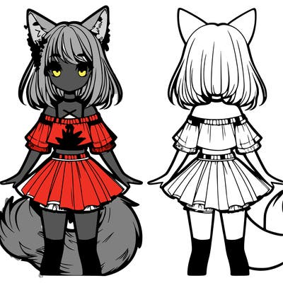 a girl with wolf ears and a tail with a crop top on and a skirt that's short