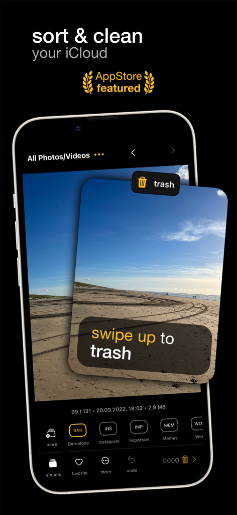 phoom - Photo Manager&Cleaner - iPhone showing the phoom app interface with a swipe up to trash gesture for photo cleaning