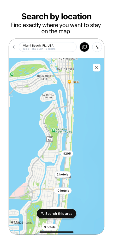 A mobile app interface showing a map of Miami Beach with hotel price tags and location clusters for travel booking.