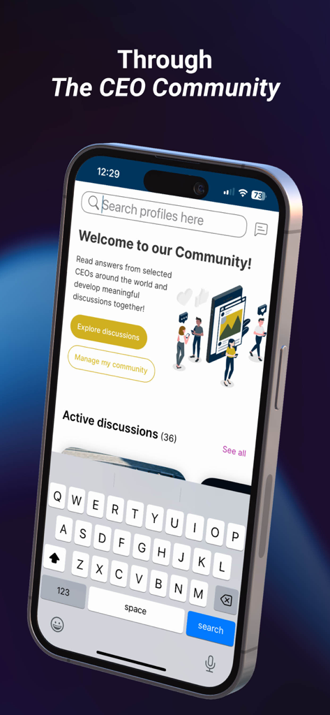 The CEO Magazine - The CEO Magazineアプリのインターフェースが、CEOコミュニティのネットワーキングおよびディスカッション機能を表示。