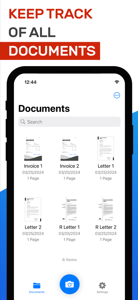 Mobile Benutzeroberfläche, die eine Liste gescannter PDF-Dokumente wie Rechnungen und Briefe anzeigt.