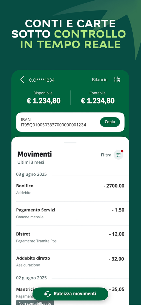Screenshot of the BNL mobile banking app showing account balance and a list of recent transactions.