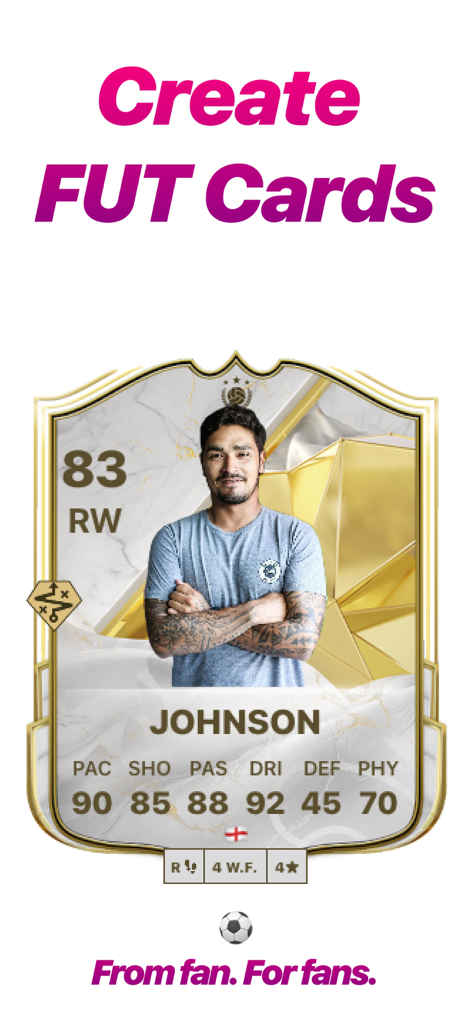 FUT FC 26: Soccer Card Creator - Eine individuell gestaltete Fußballkarte mit einem Spieler namens Johnson mit einer Bewertung von 83 und spezifischen Spielstatistiken in der FUT FC 26 App-Oberfläche.